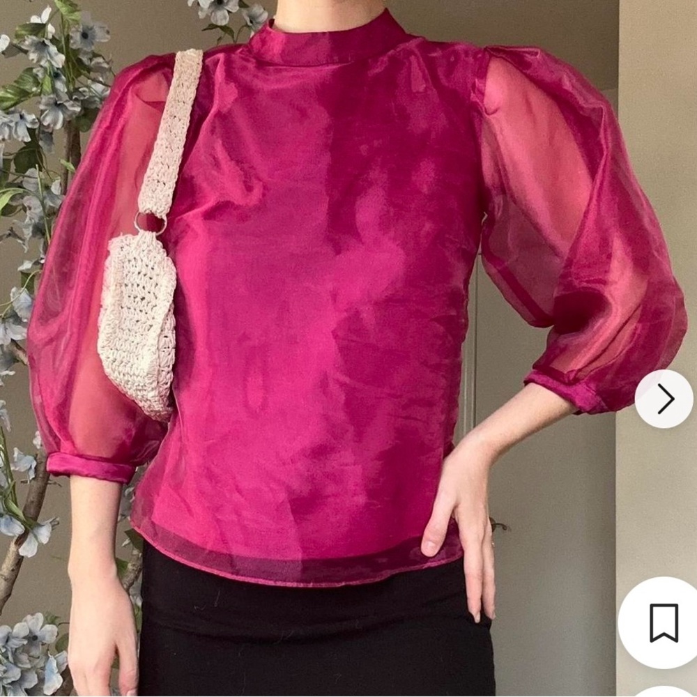 -CeCe Valentine Fuchsia Pink NWT 3/4 Sheer Puff Sleeve Crop Blouse Organza XS